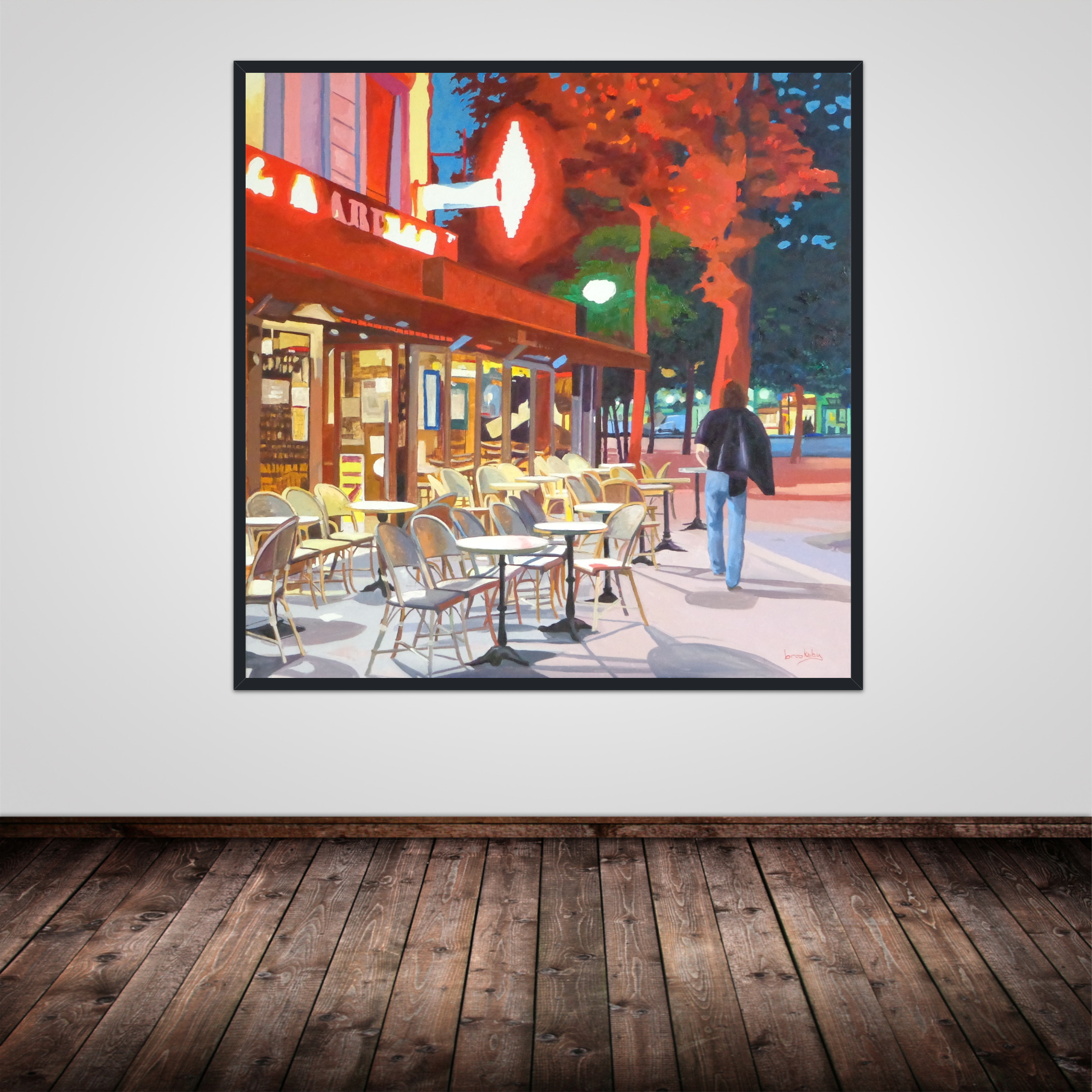 Contemporary realist Oil painting of Paris Cafe sign by Angie Brooksby