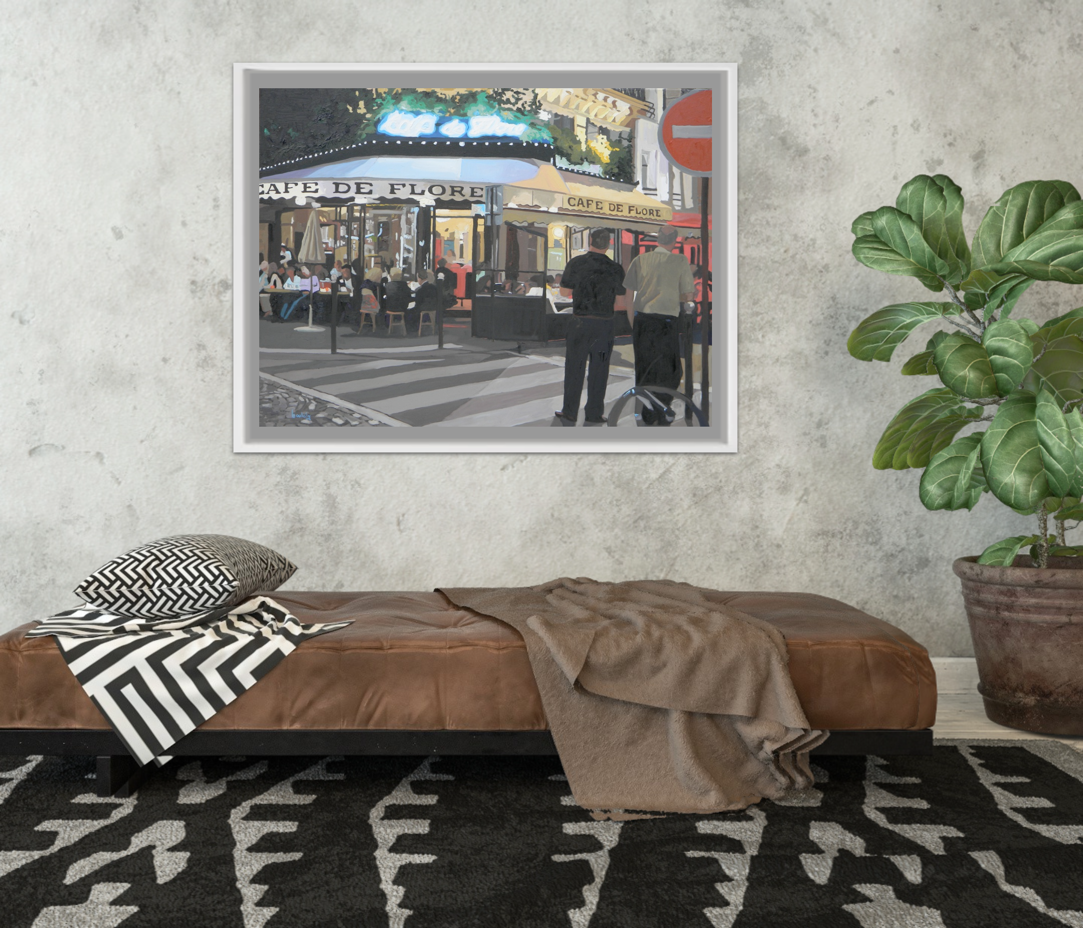 Contemporary realist Oil painting of Paris Cafe de Flore sign by Angie Brooksby