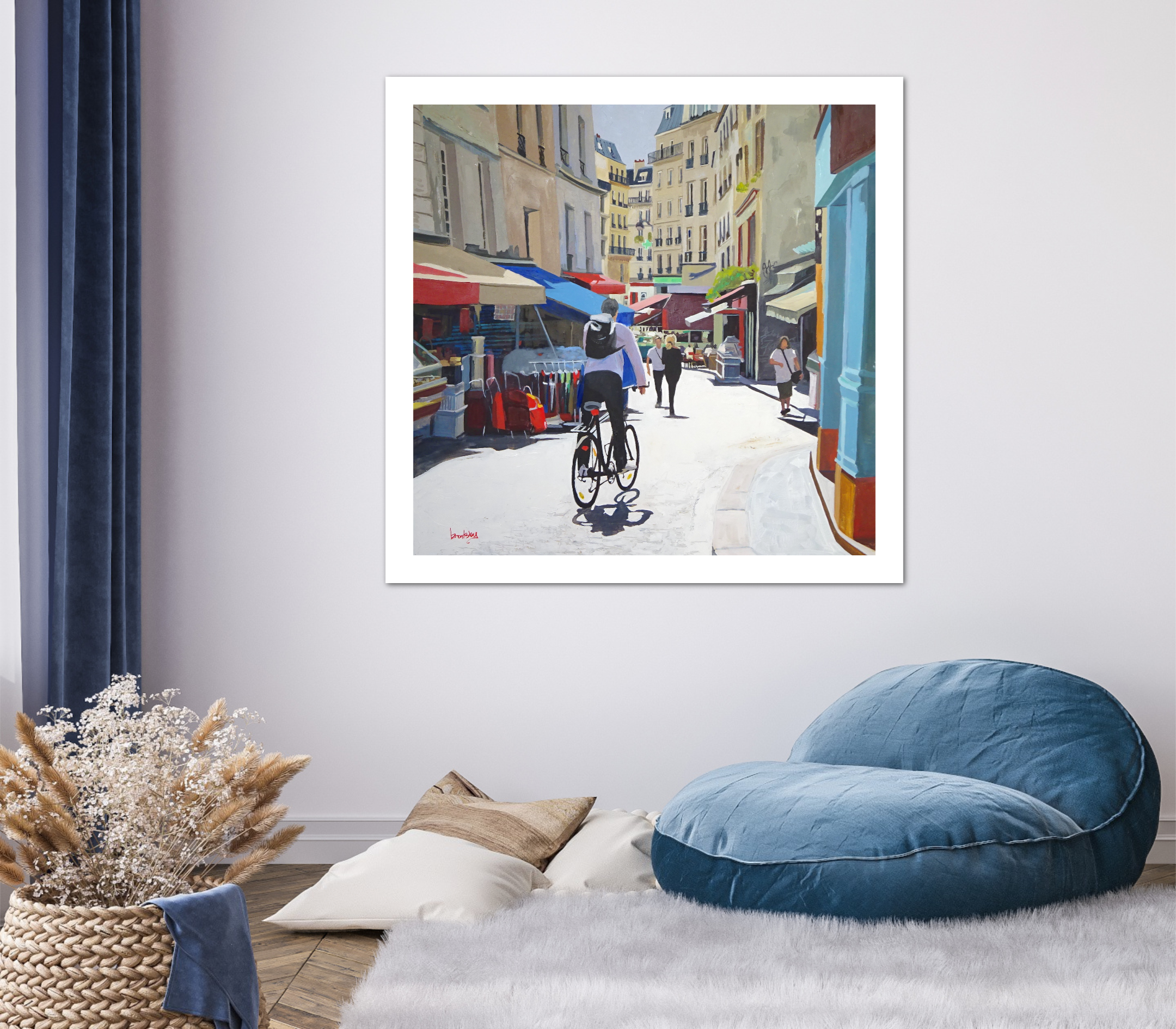 Contemporary realist Oil painting of Paris bicyclist by Angie Brooksby